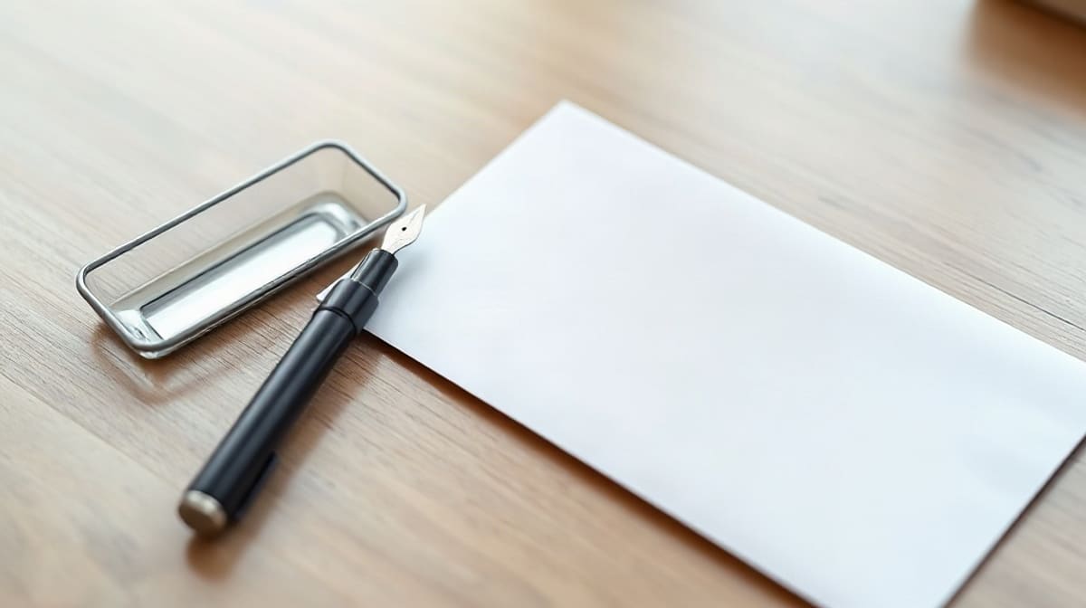 Enveloppe blanche fermée posée près d’un stylo plume sur un bureau en bois