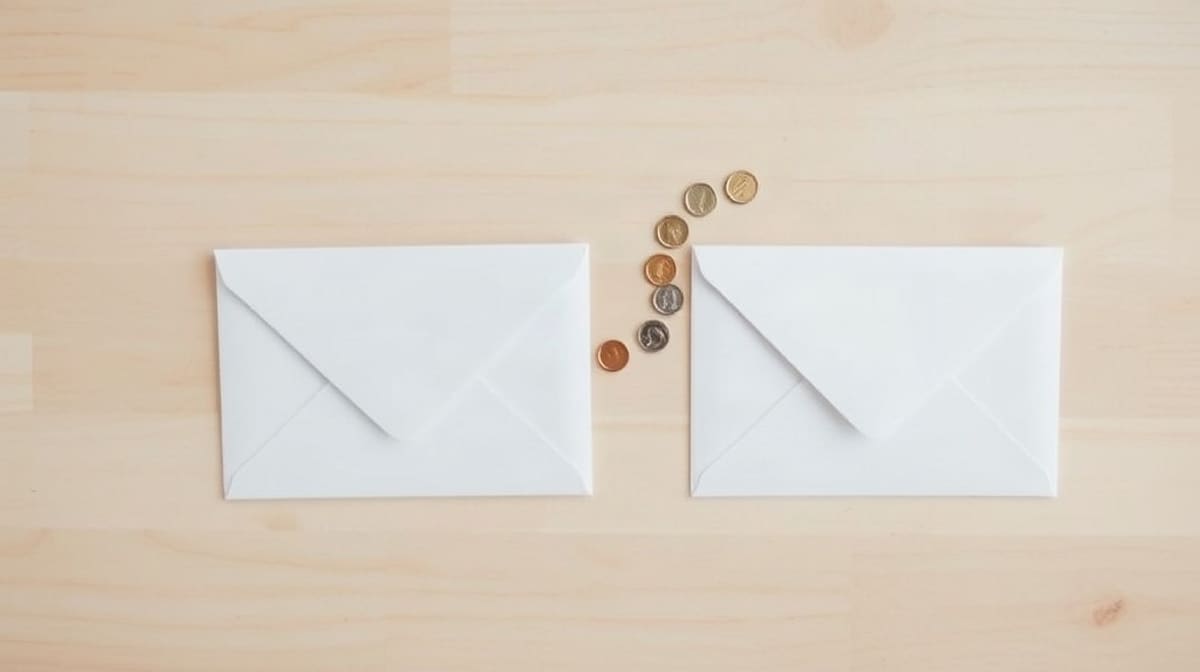 Flèche de pièces entre deux enveloppes vierges, image d’un virement sans référence