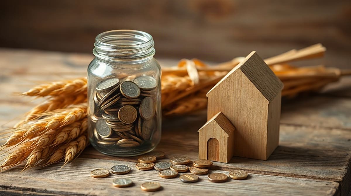 Épis de blé, bocal de pièces et petite maison en bois, image d’une épargne logement