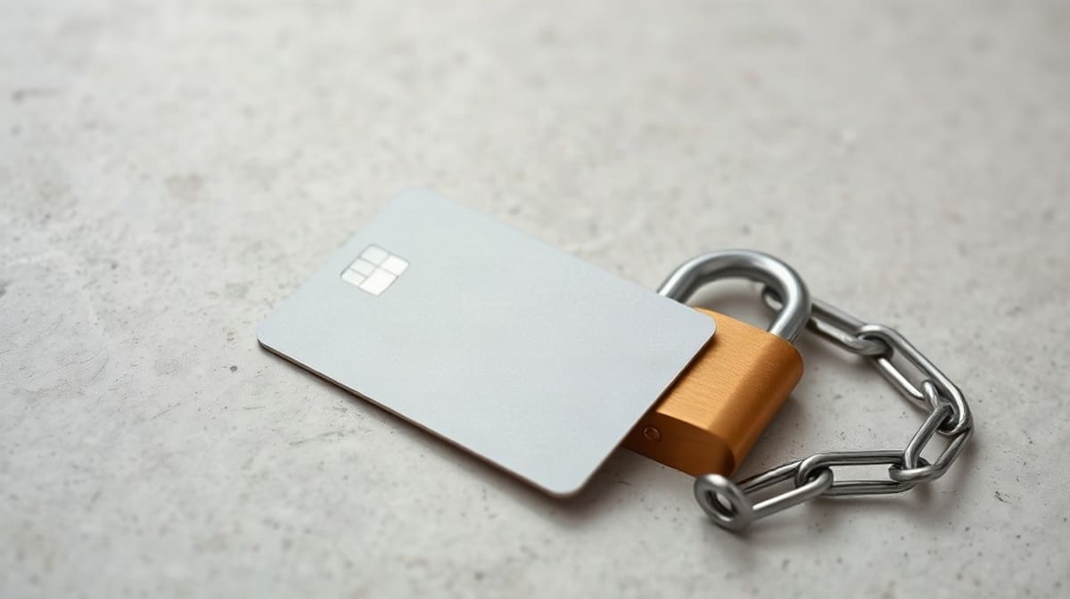 Carte bancaire de dos posée près d’un cadenas fermé et d’une chaîne