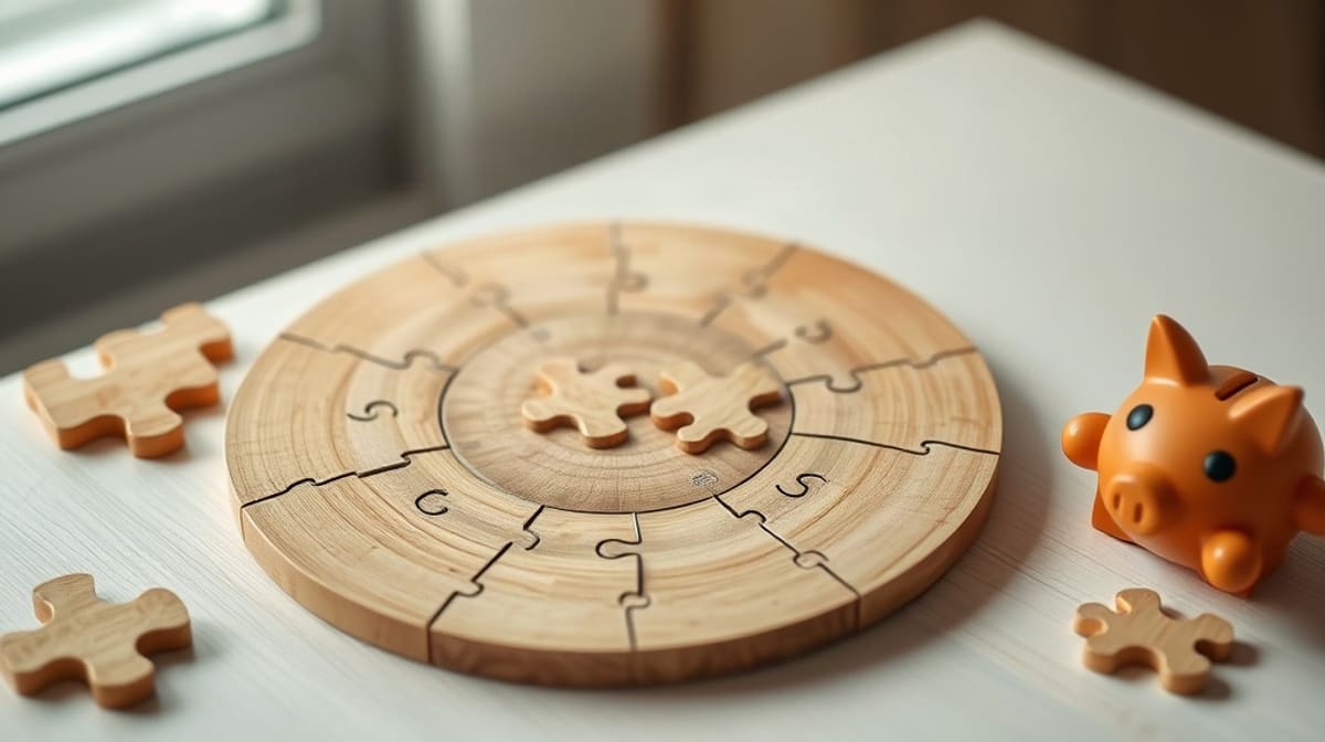 Puzzle en bois dont une pièce est soulevée, à côté d’une tirelire, image des parts sociales